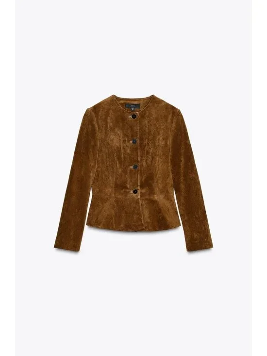 Zara Womens Blazer Jacket Size S Brown Leather Flared Hem Peplum 6318/232 NWT - Picture 3 of 15